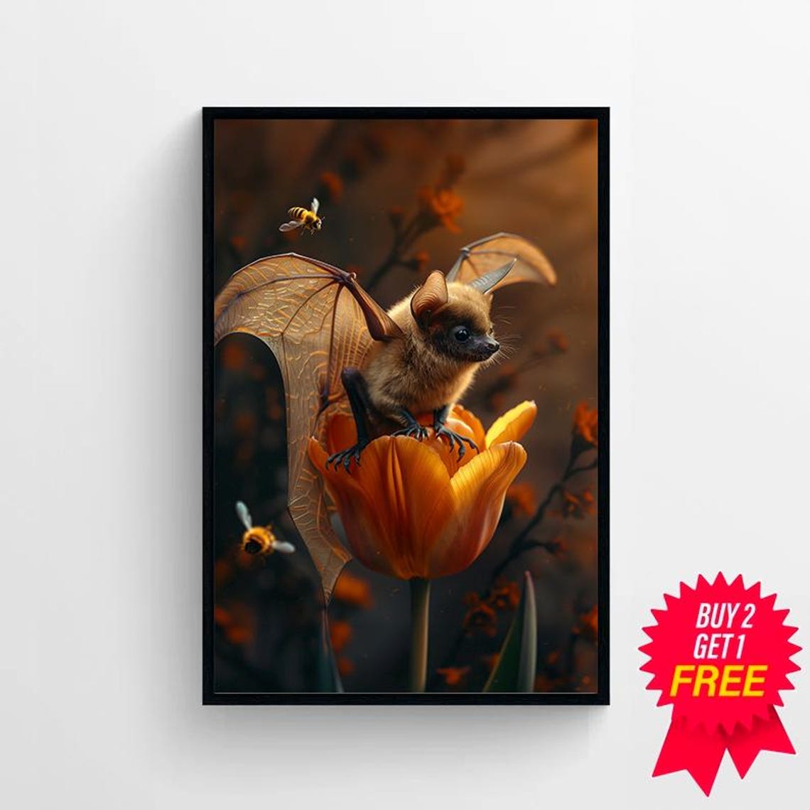 Baby Bat on Orange Tulip with Bees Whimsical Fantasy Art Poster - Image 4