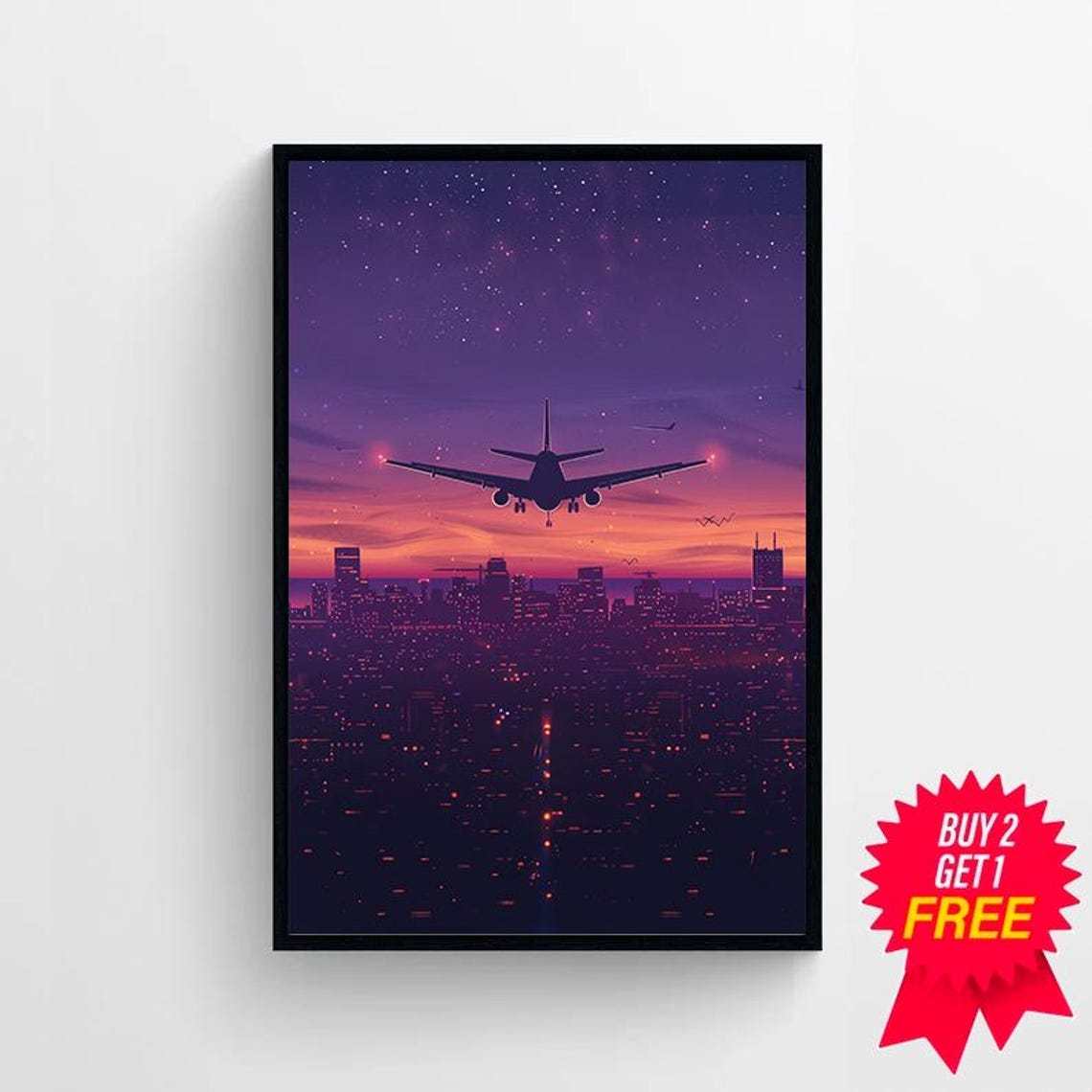 Airplane Silhouette Soaring Over City Lights at Sunset Sky Poster - Image 4