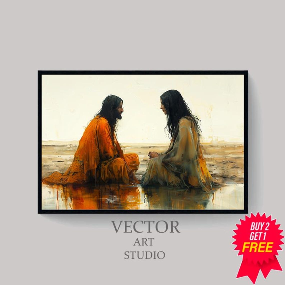 Jesus and Samaritan Woman Kneeling by Water Christian Poster - Image 4