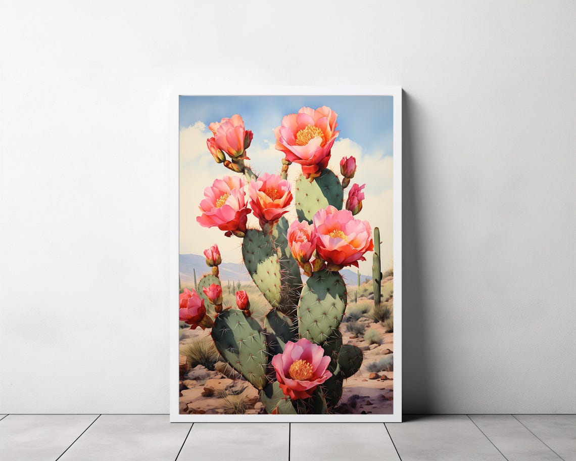 Tall Prickly Pear Cactus with Salmon Blossoms Blue Sky Poster - Image 3