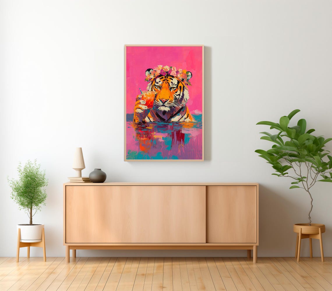 Tiger with Flower Crown Drinking Cocktail in Pool Painting Poster - Image 2
