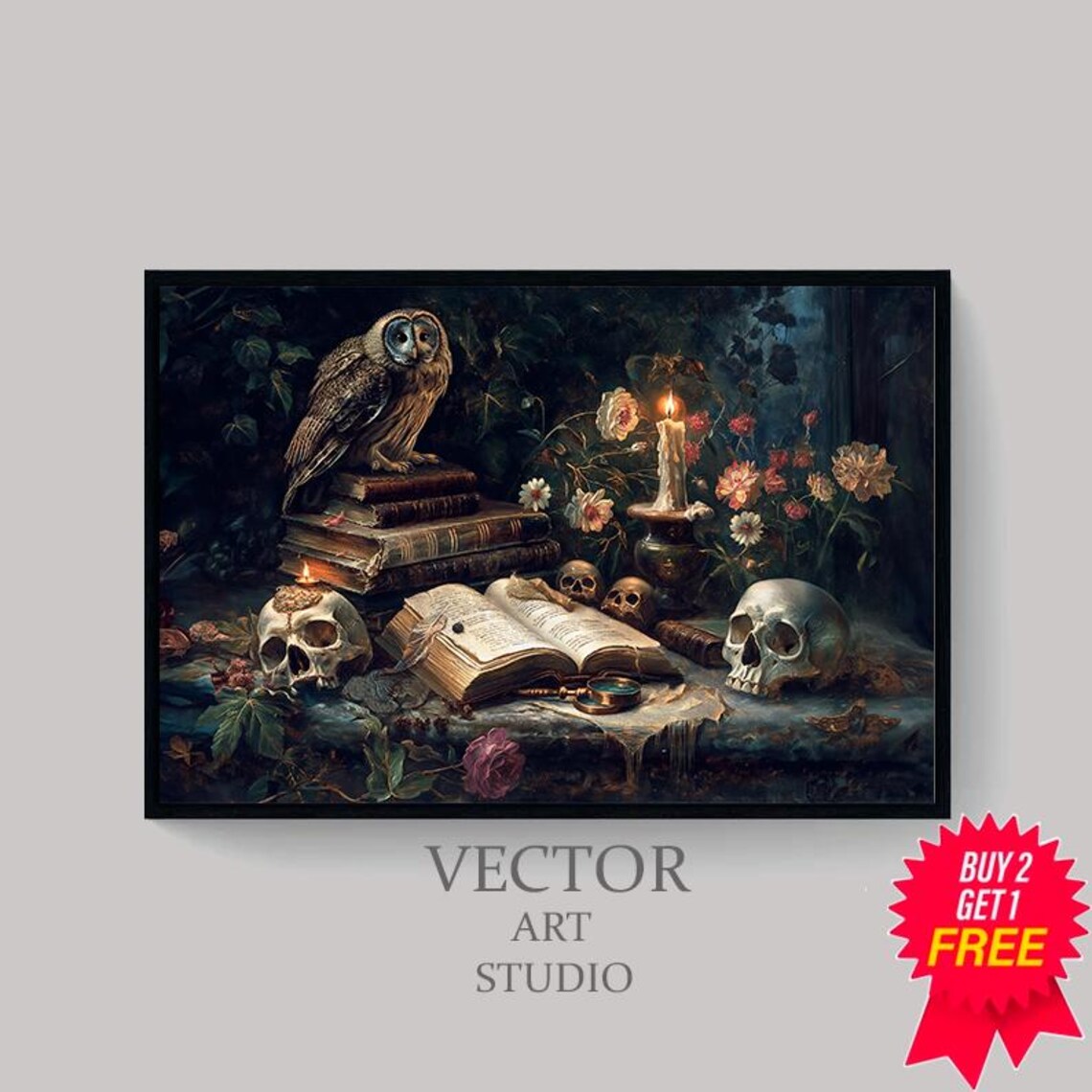 Owl with Skulls, Old Books and a Candle in a Dark Vanitas Still Life Poster - Image 4