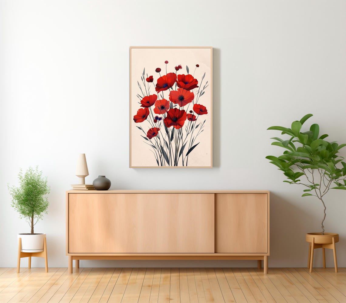 Wild Red Poppies Meadow Bouquet on a Soft Cream Floral Art Poster - Image 2