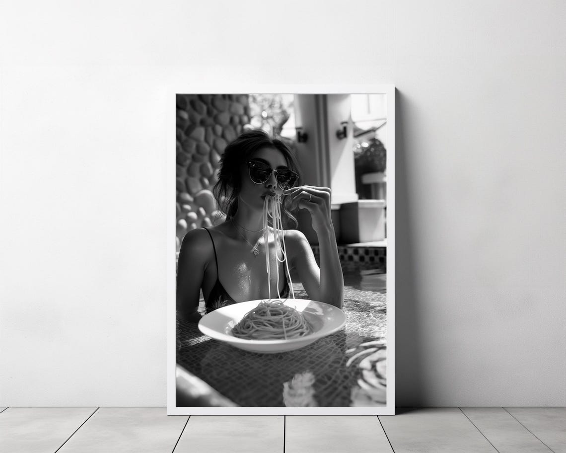 Stylish Woman Eating Spaghetti Poolside Black And White Print - Image 3