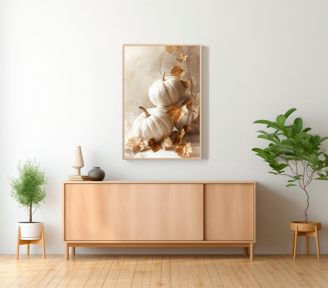 White Pumpkins And Golden Leaves Neutral Fall Harvest Art Poster - Image 2