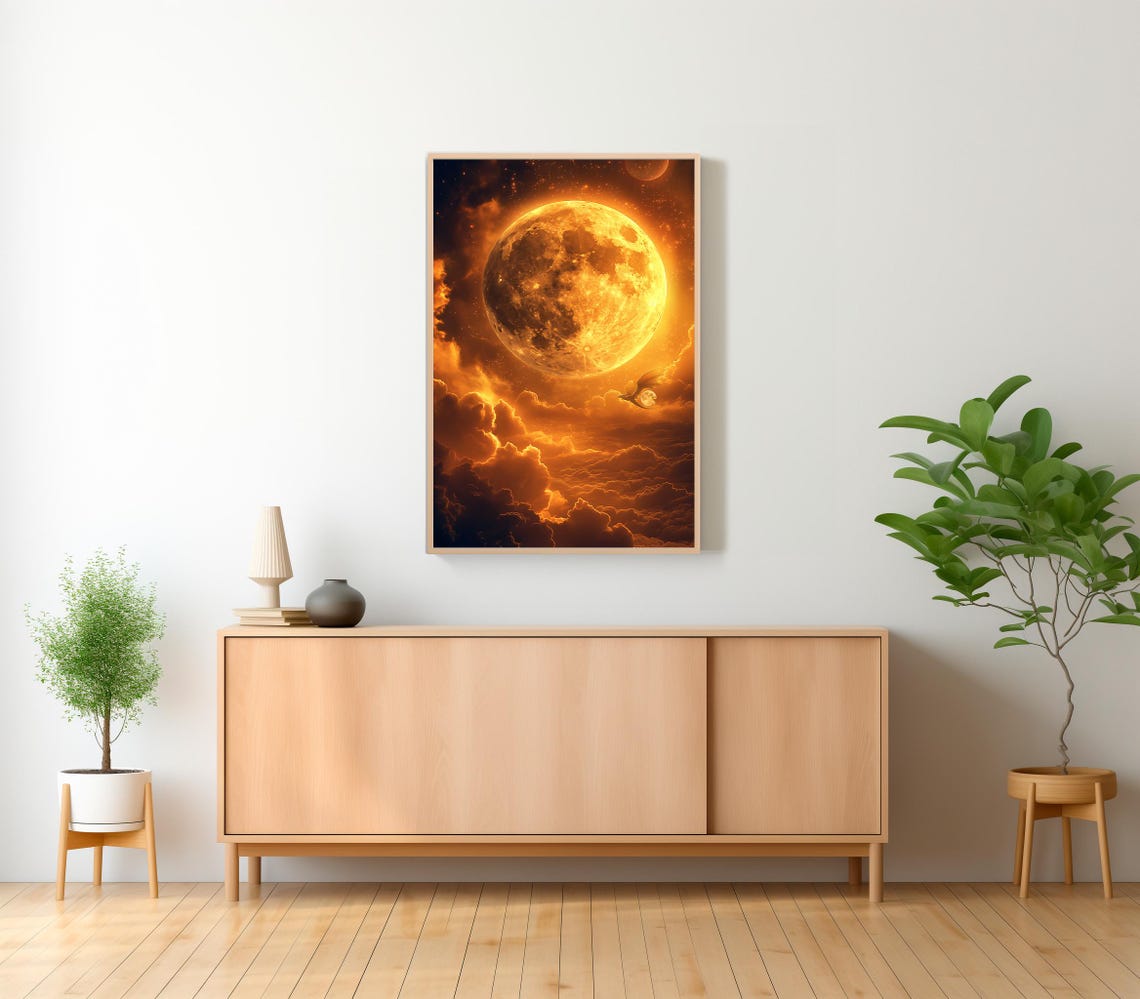 Enchanting Celestial Gold Moon Art Print Vintage Inspired Dark Academia Dark Cottagecore Night Sky Painting - Image 2