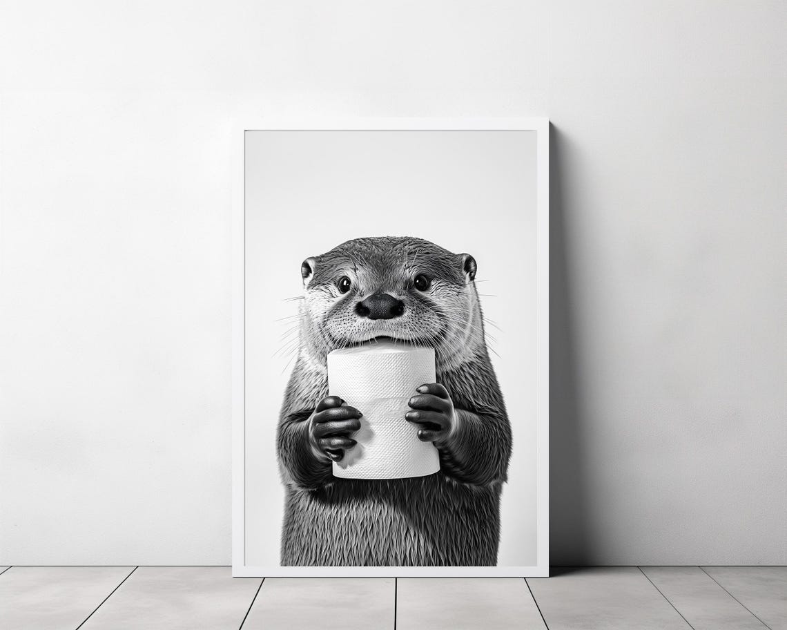 Funny Otter Holding a Toilet Paper Roll in Black and White Poster - Image 3