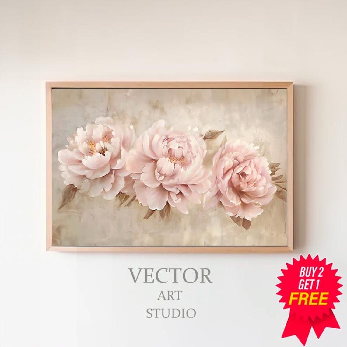 Blush Pink Peonies In Bloom On Warm Beige Vintage Botanical Art Poster