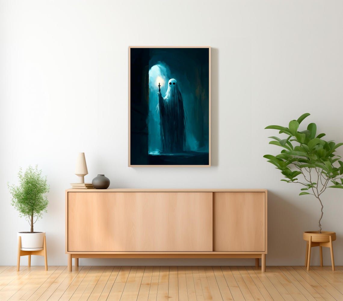 Sheet Ghost Holding a Candle in a Dark Teal Hallway Art Poster - Image 2
