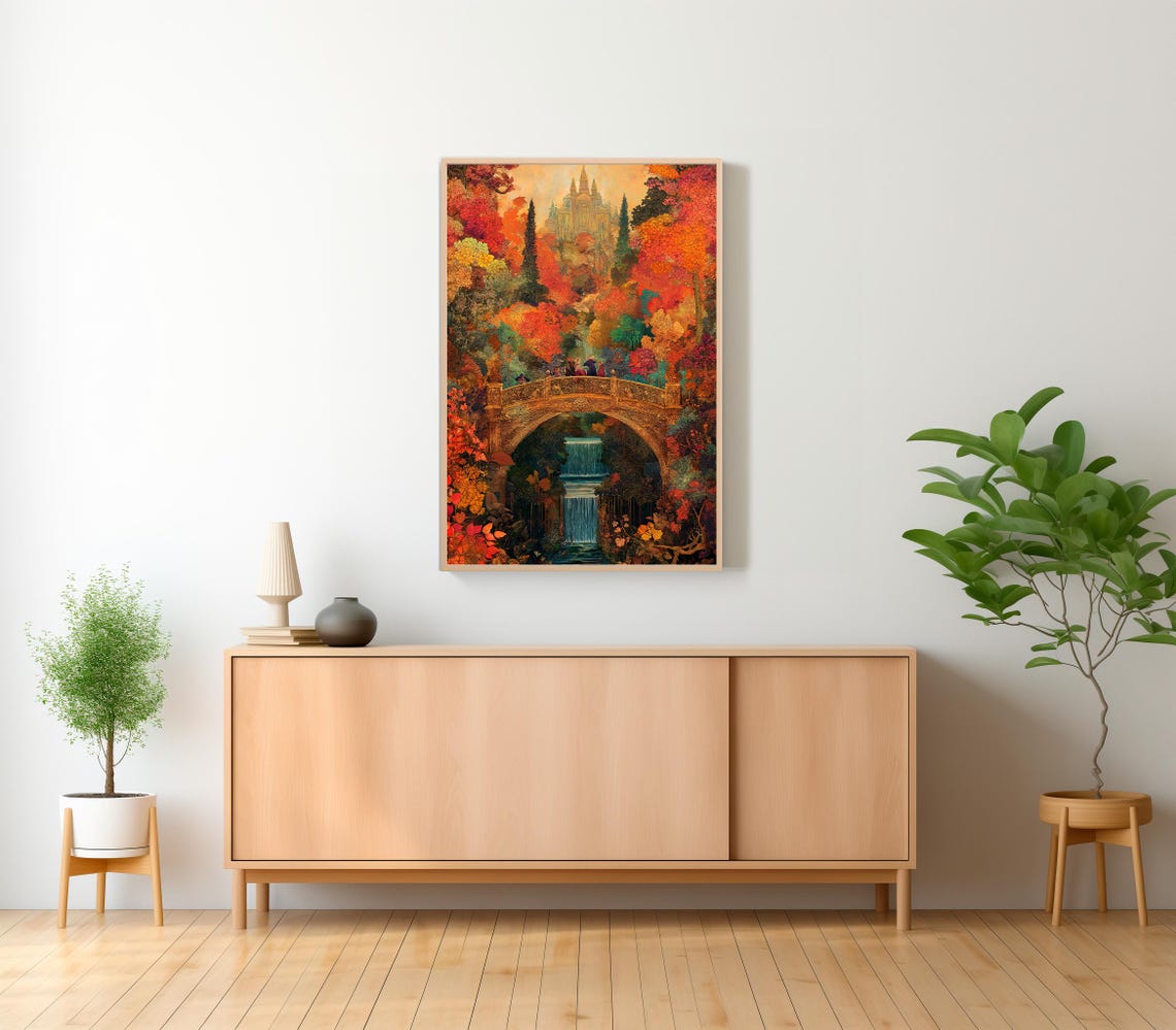 Autumn Forest Waterfall Castle Bridge Enchanting Fantasy Art Poster - Image 2