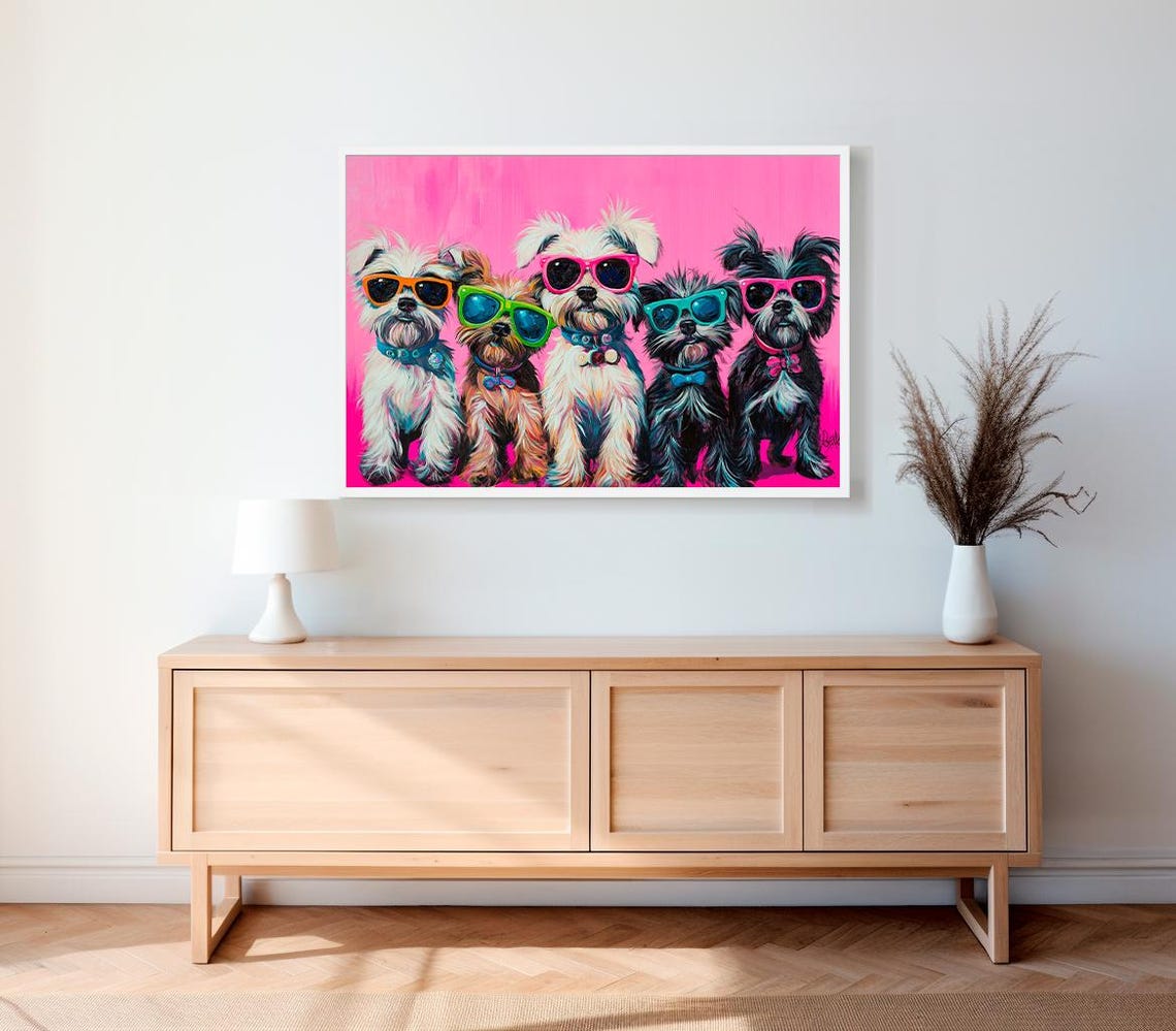 Dopamine Summer Frame Tv Art Cute Dogs In Sunglasses Maximalist Oil Painting Bright Pastel Preppy Pink Tv Funny Pet Colorful Picture - Image 2