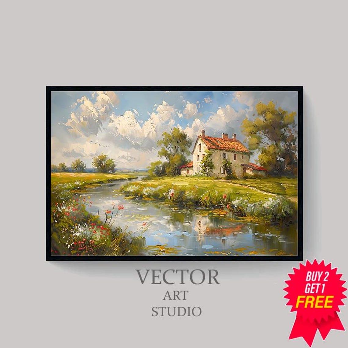 Countryside House With Red Roof By The River Oil Painting Poster - Image 4