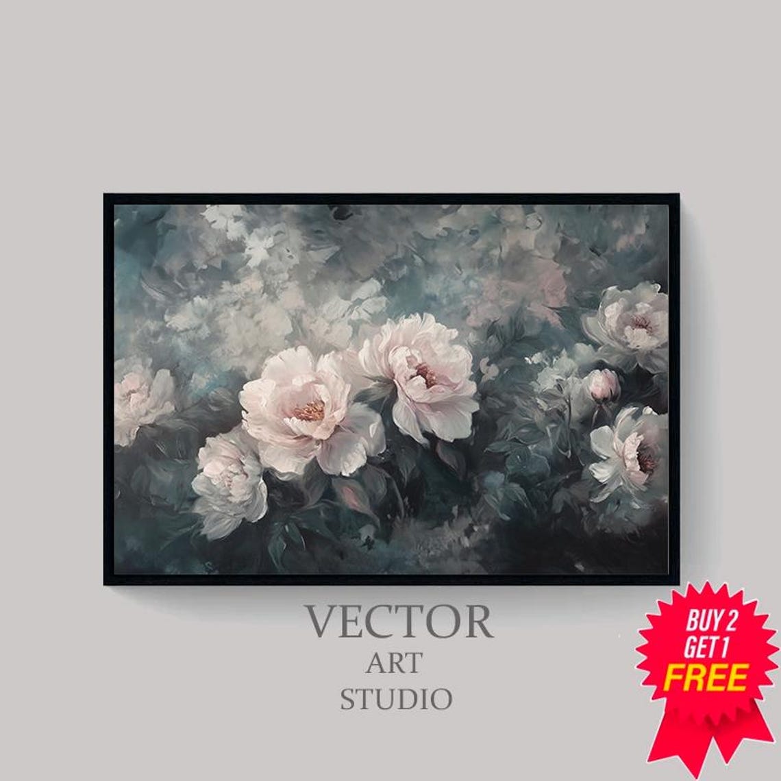 Dreamy Blush Pink Peonies Against Smoky Blue Moody Floral Poster - Image 4