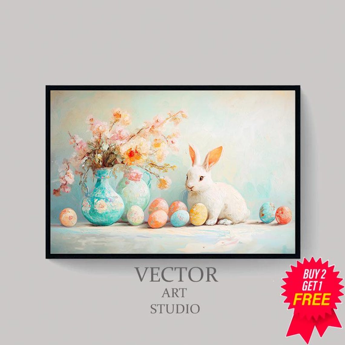 Easter Bunny with Painted Eggs Vintage Spring Floral Art Print - Image 4