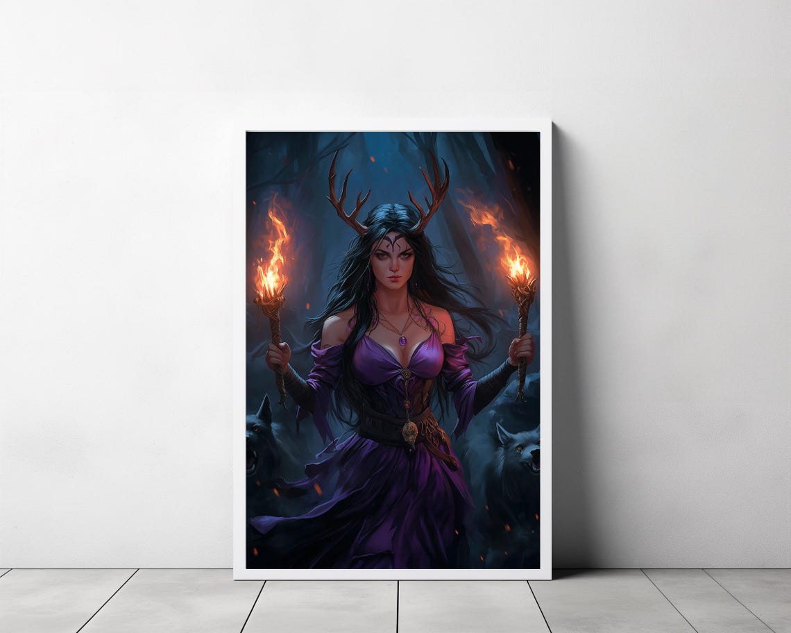 Dark Antlered Goddess Holding Two Flaming Torches at Night Poster - Image 3