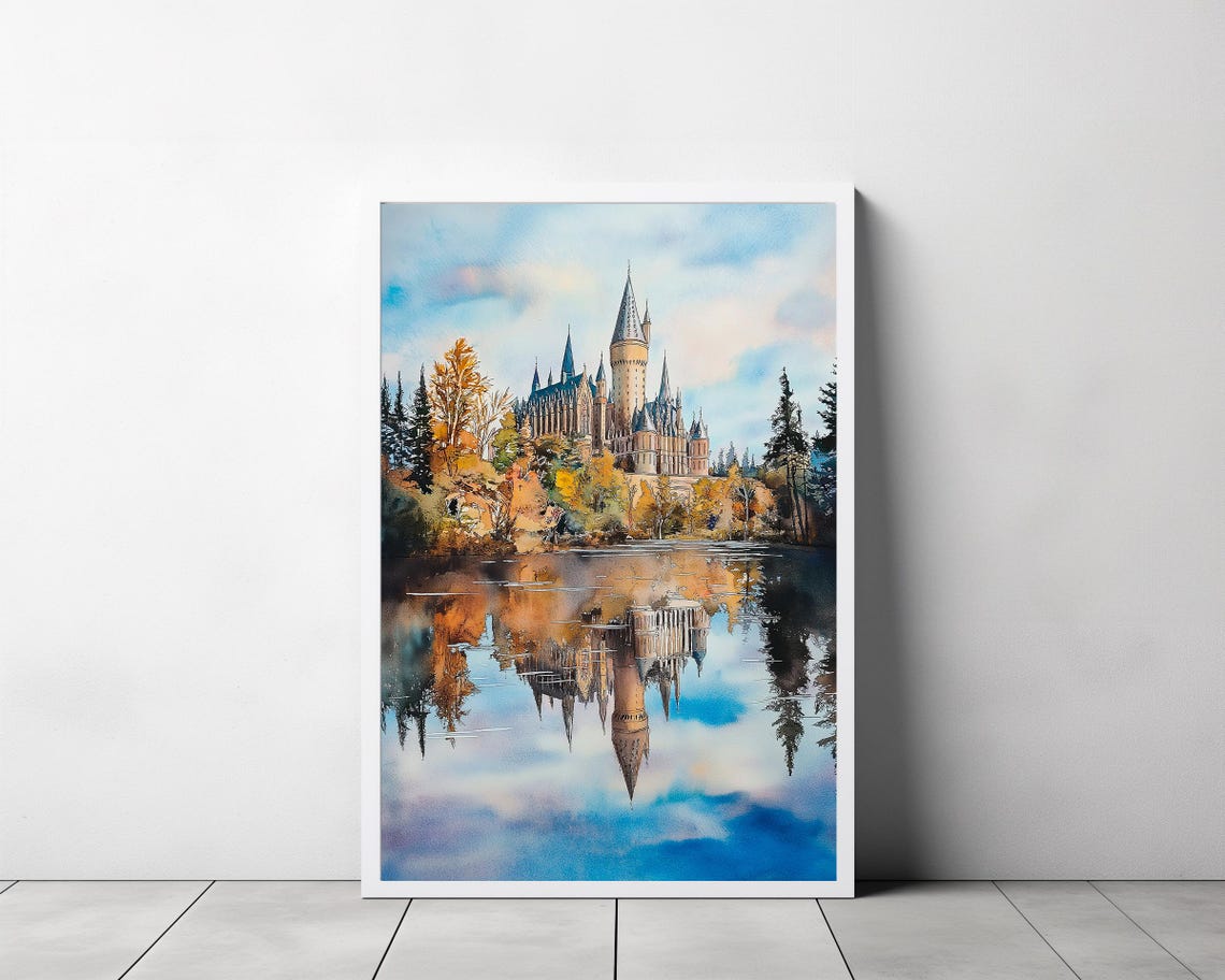 Magical Castle Summer Watercolour Charming Wizard Art Wizarding World Enthusiasts Witchcraft Great Lake At Spring Magical School Print - Image 3