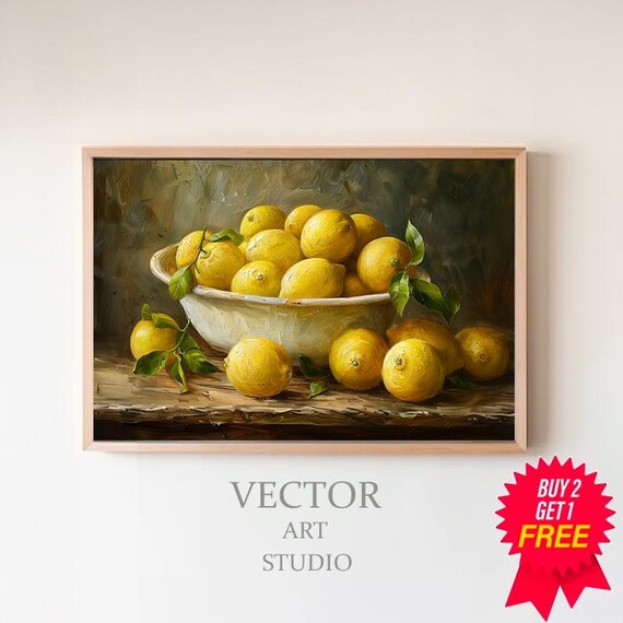 Moody Lemon Painting Art Vintage Fruit Still Life