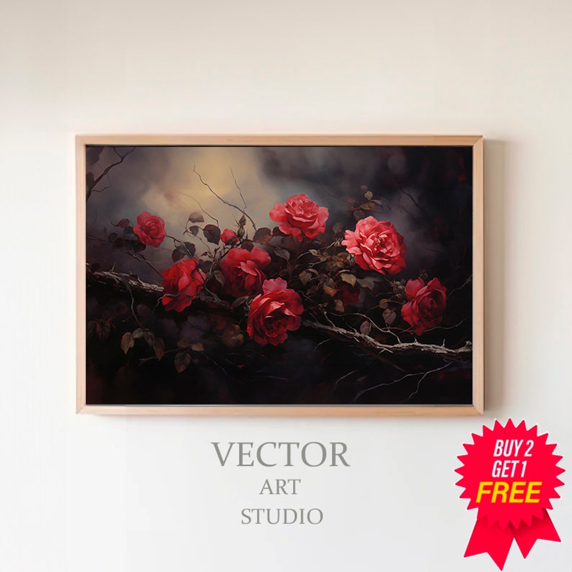 Wild Red Roses on Dark Branch Moody Botanical Floral Wall Poster