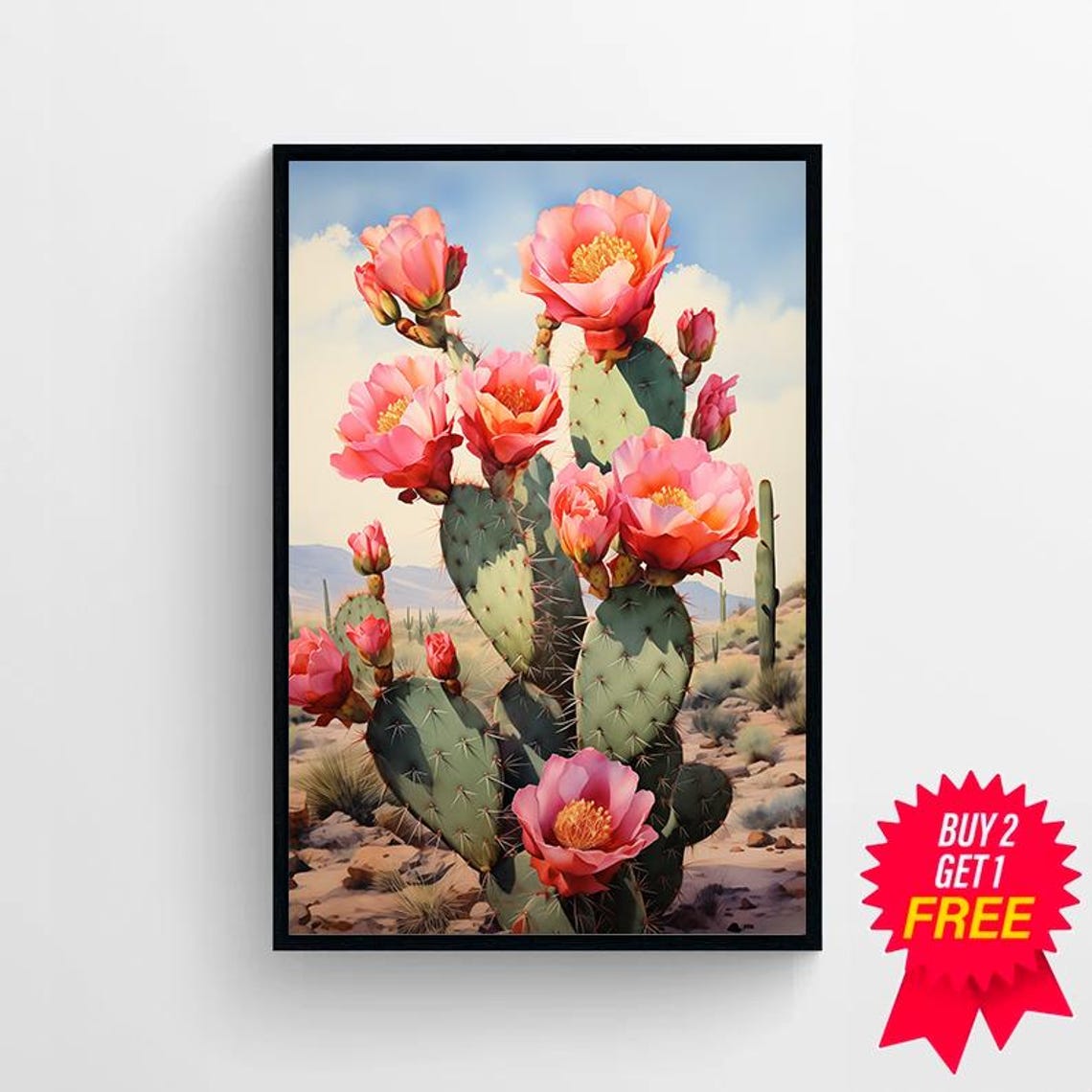 Tall Prickly Pear Cactus with Salmon Blossoms Blue Sky Poster - Image 4