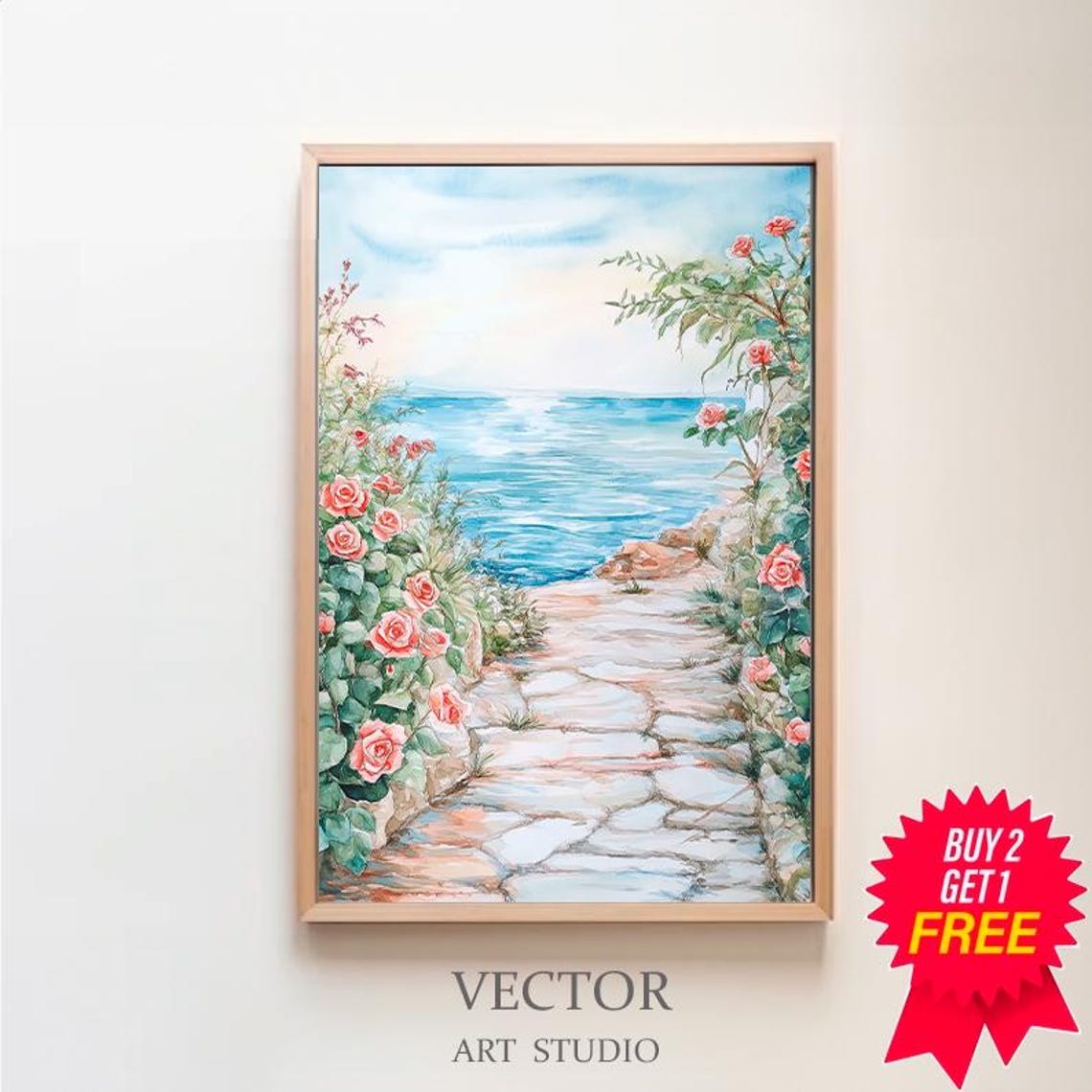 Stone Garden Path With Roses Leading to the Sea Watercolor Poster