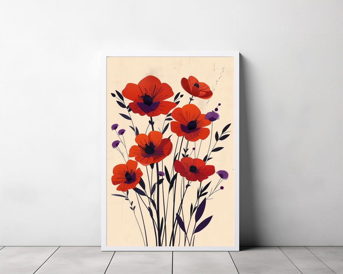 Red Poppies with Purple Wildflower Accents Floral Art Poster - Image 3