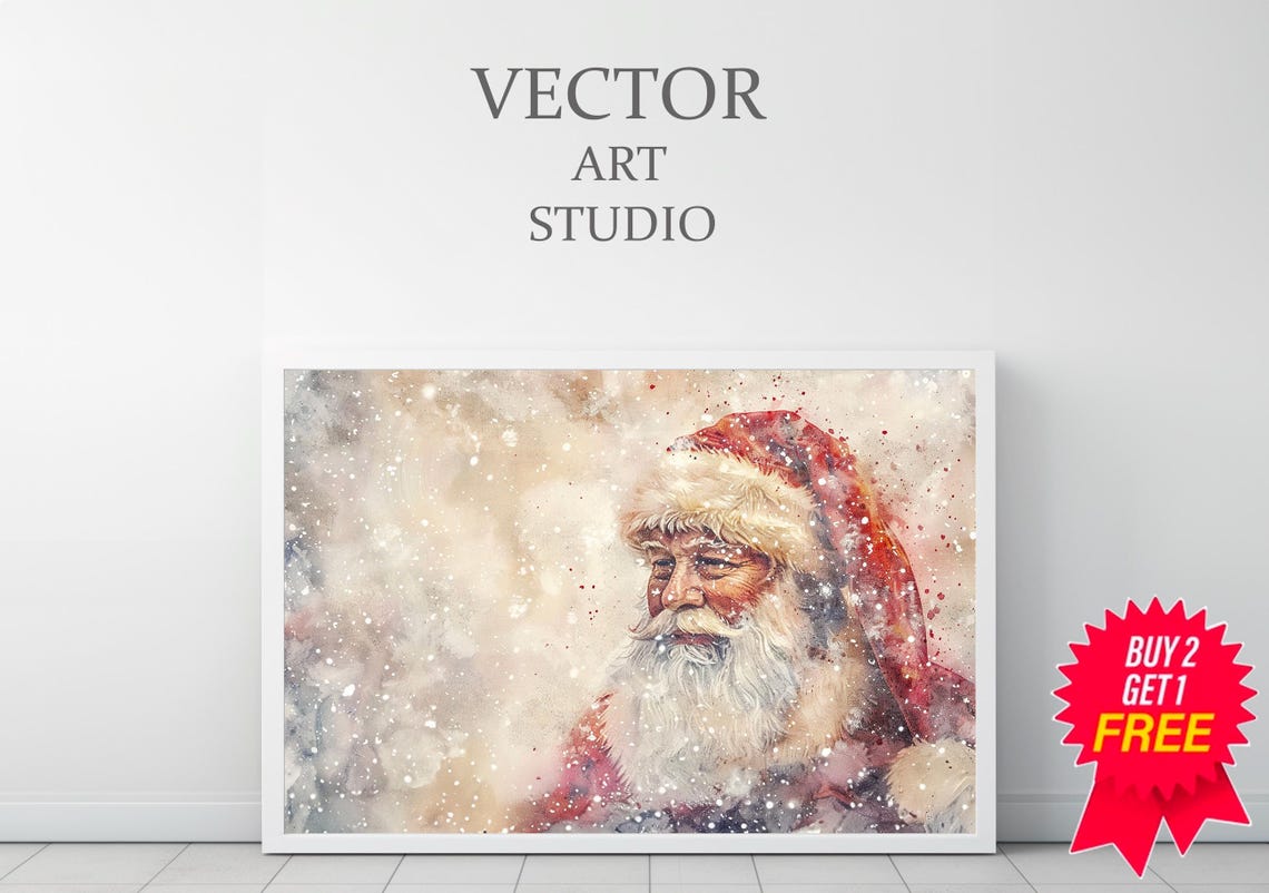 Jolly Santa Claus in Snowfall Watercolor Christmas Portrait Poster - Image 3