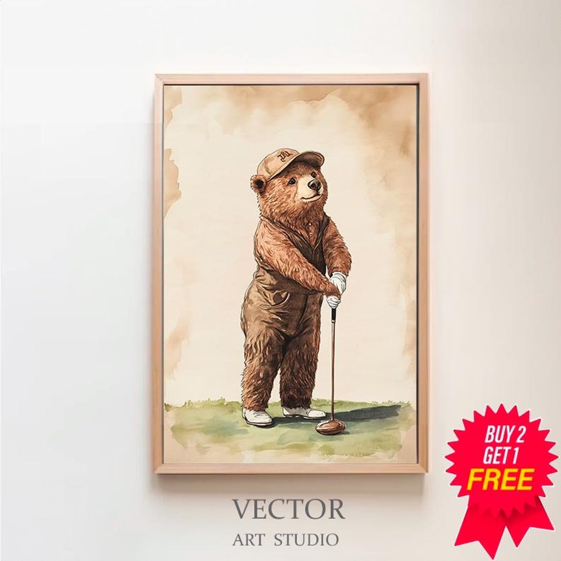 Cute Bear Golfer In Overalls Putting On The Green Nursery Wall Art