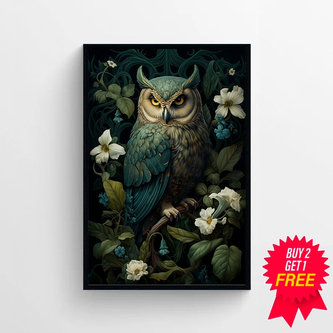Great Horned Owl Among White Blossoms in a Dark Forest Art Poster - Image 4