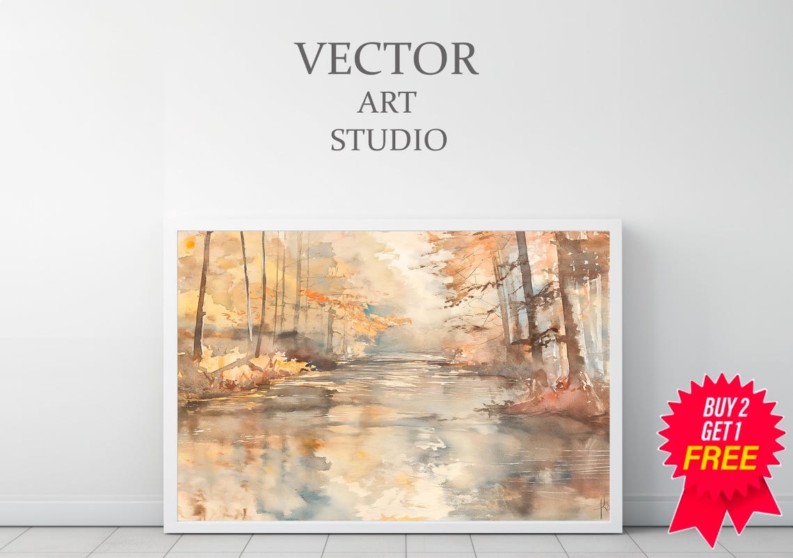 Autumn Forest River Winding Through Golden Trees Watercolor Art Poster - Image 3