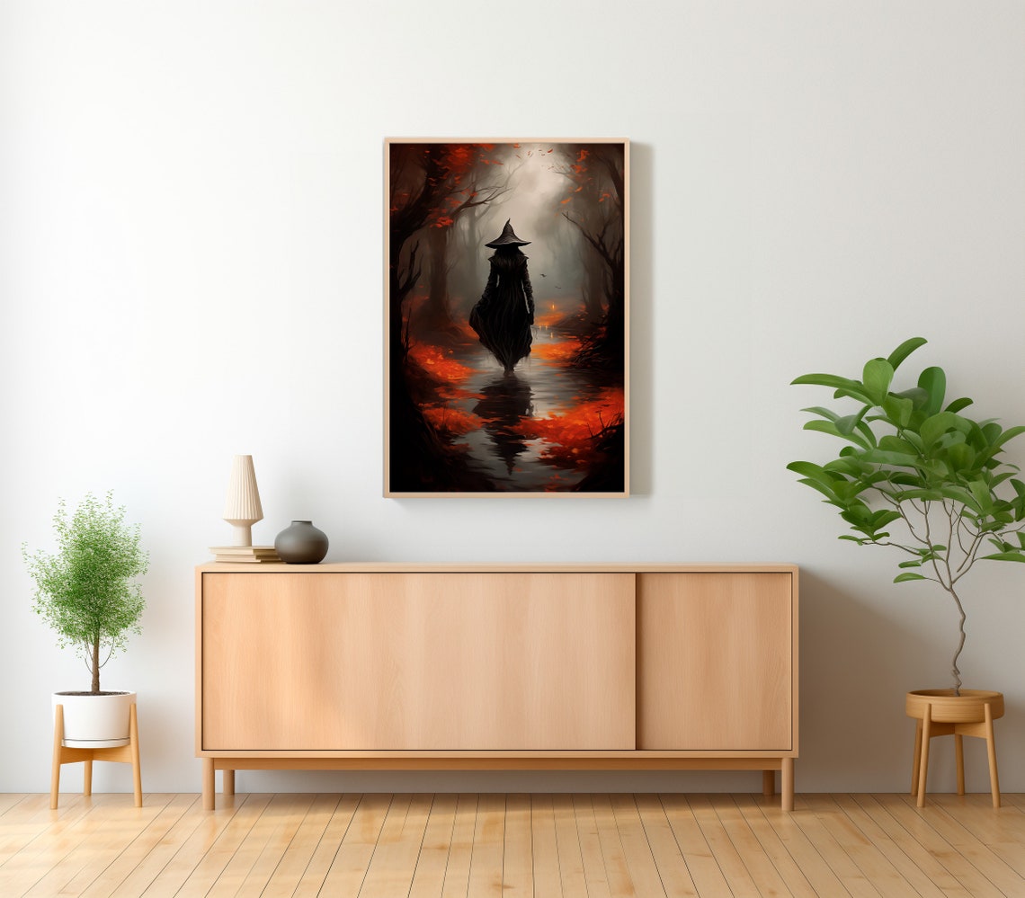 Lone Witch Walking Through a Misty Red Autumn Creek Path Poster - Image 2