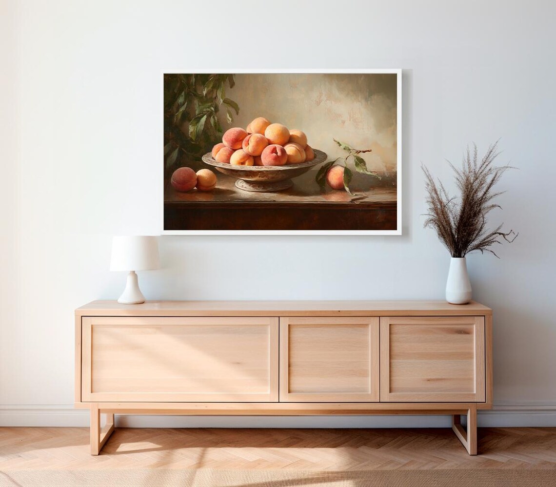 Moody Vintage Fruit Still Life Peaches Oil Painting Collection Tranquil Stillness By Artedya Wall Art - Image 2