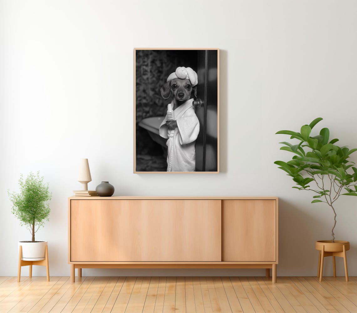 Dachshund In Bathrobe Peeking From Bathroom Door Photo Poster - Image 2