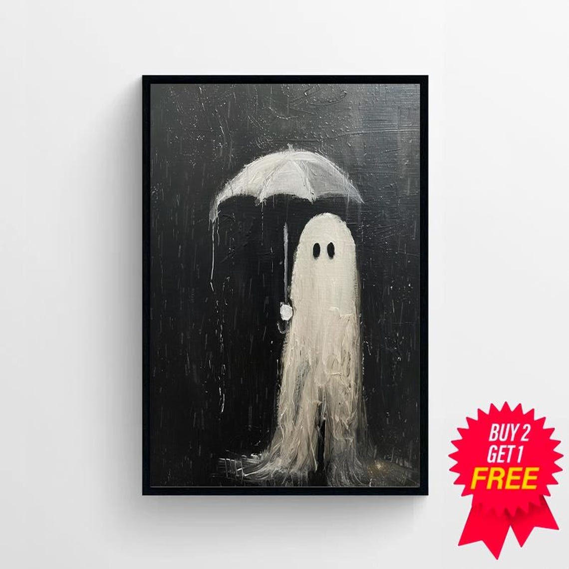 Cute Ghost with Umbrella in Rain Dark Haunting Halloween Art Poster - Image 4