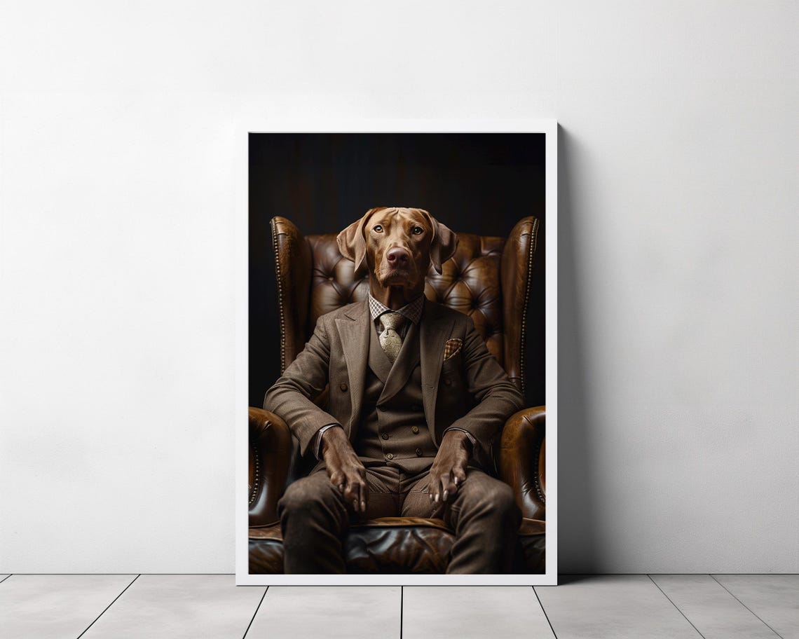 Vizsla Dog in Brown Suit Sitting in Leather Chair Portrait Art Print - Image 3