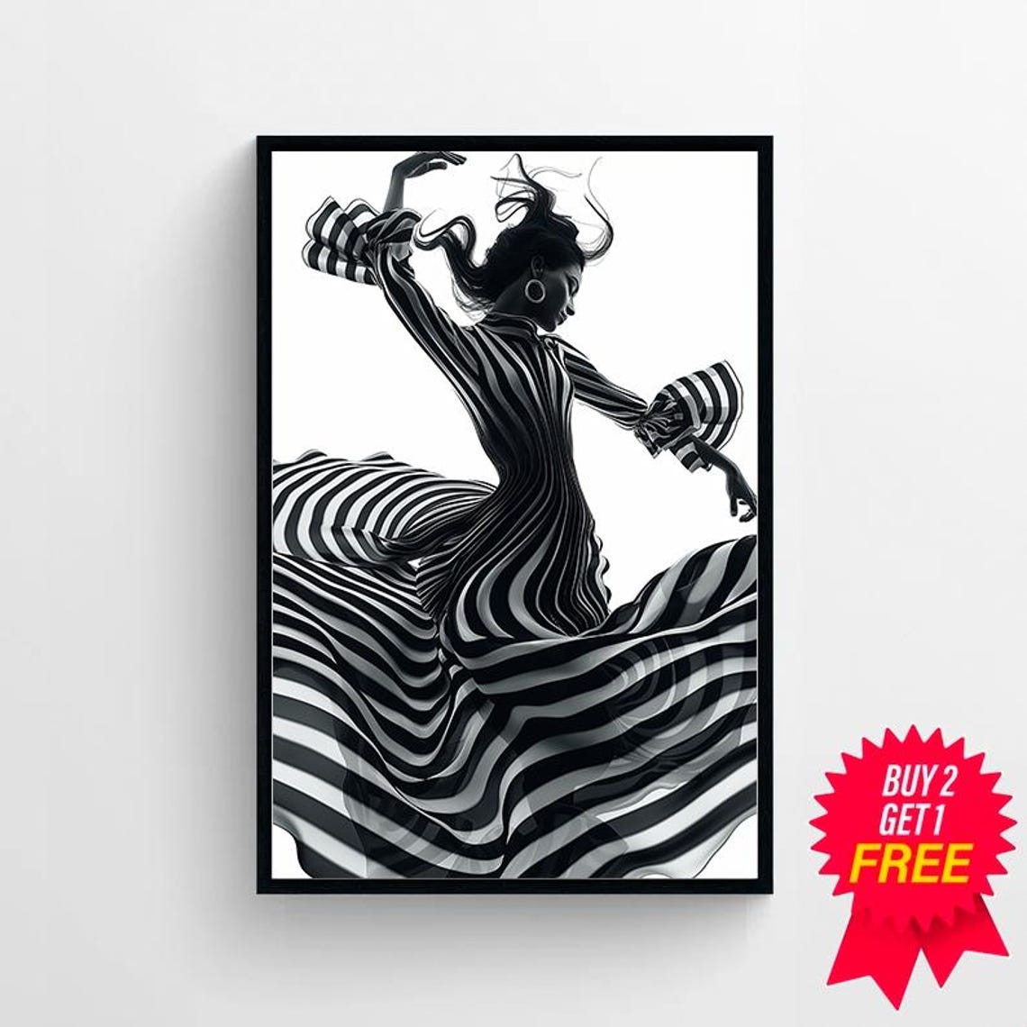 Dynamic Dancing Woman Silhouette in Flowing Striped Gown Poster - Image 4