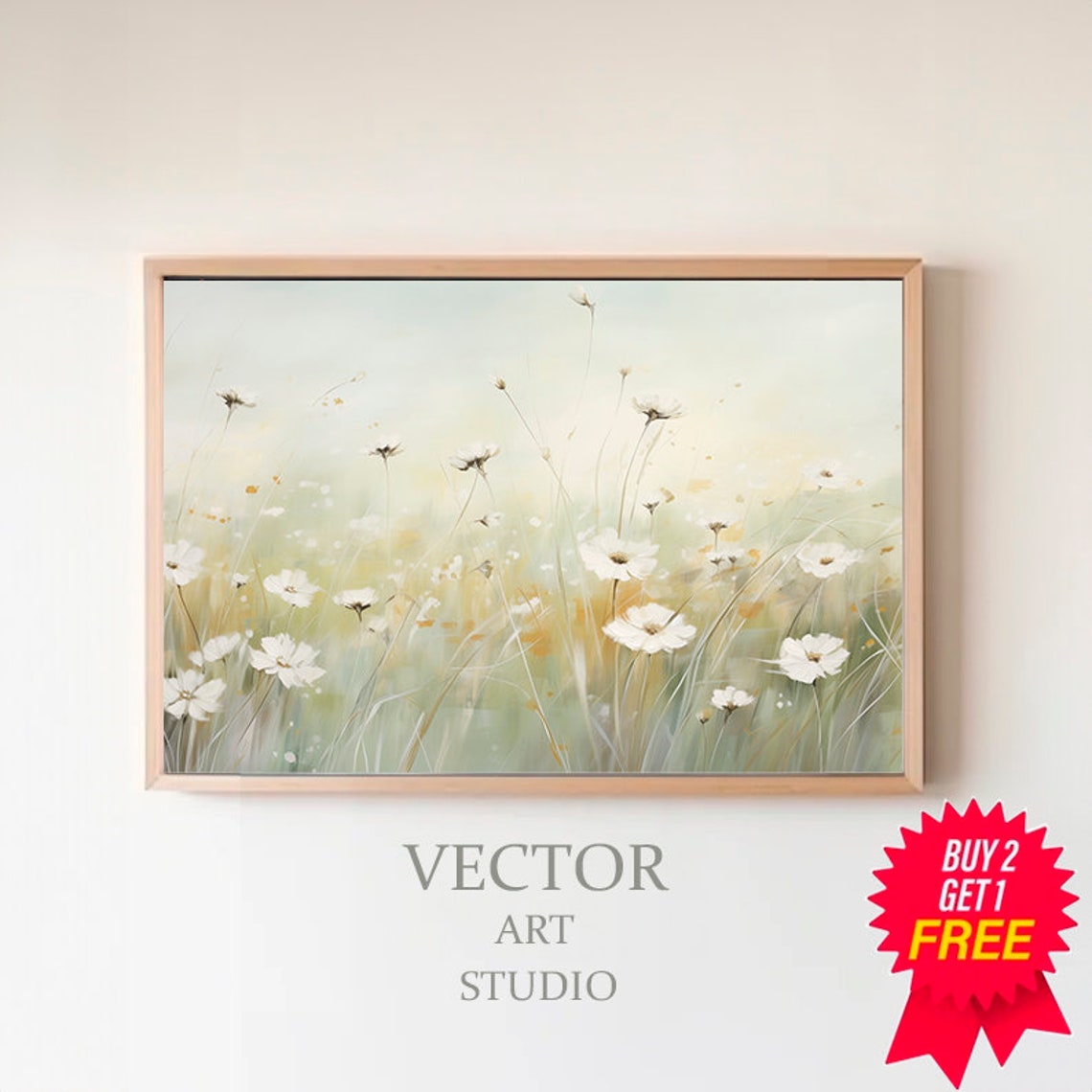 White Wildflowers in a Misty Green Meadow Soft Botanical Poster