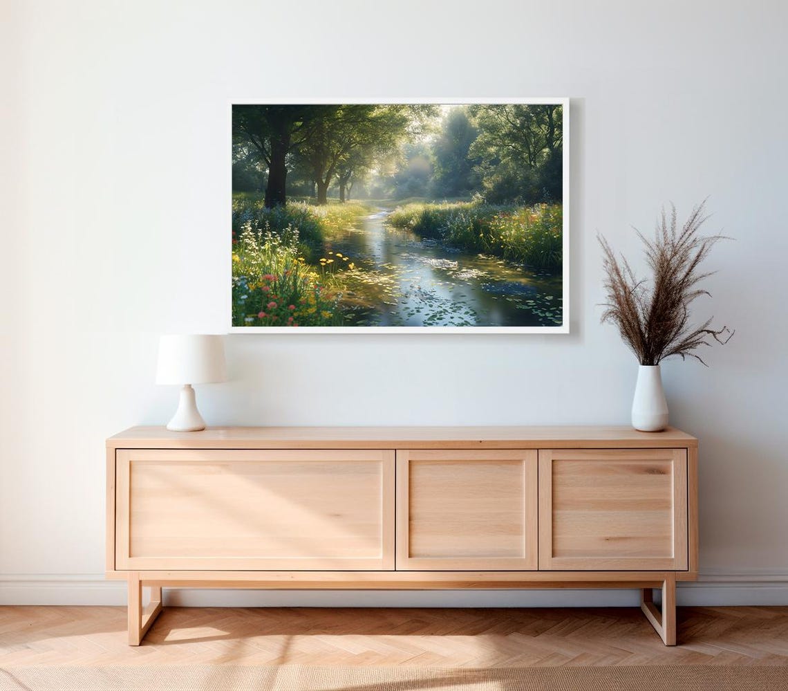 Sunlit Forest Stream With Colorful Wildflowers Landscape Art Poster - Image 2