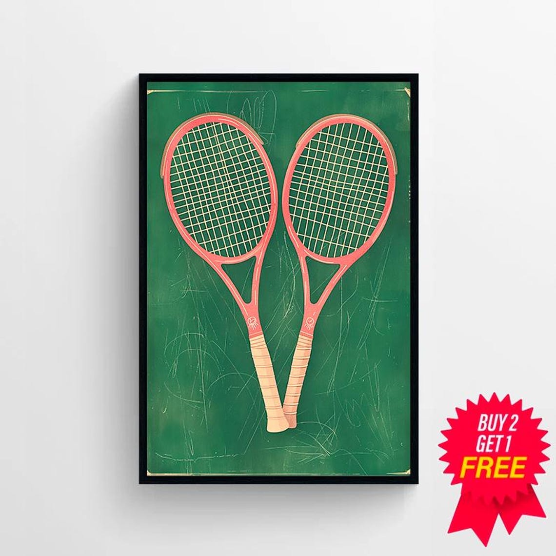 Coral Tennis Rackets Duo on Green Vintage Chalkboard Style Poster - Image 4