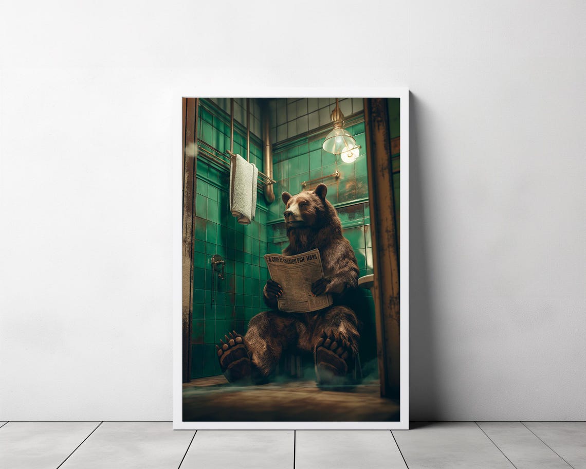 Bear Reading A Newspaper On The Toilet Funny Bathroom Wall Art - Image 3