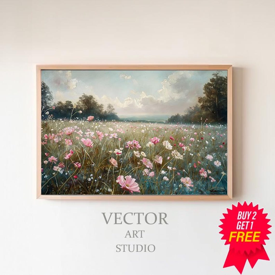 Pink and White Cosmos Meadow Under Soft Blue Sky Vintage Floral Poster