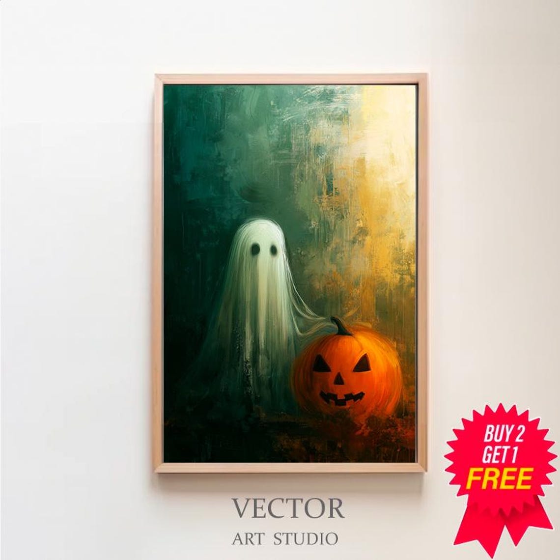 Sheet Ghost Beside a Glowing Jack-o-Lantern in Dark Woods Poster