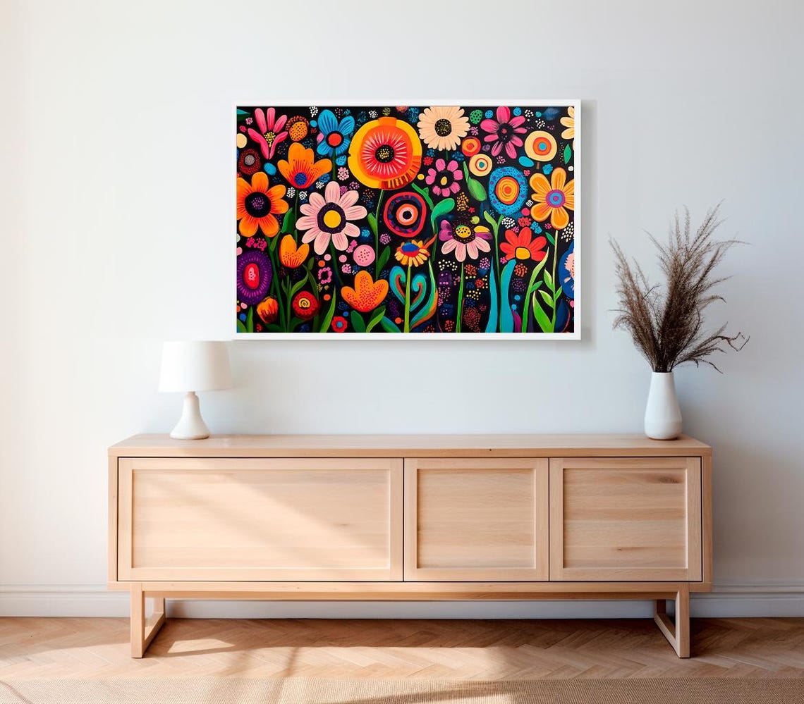 Vibrant Folk Art Flowers Bursting on a Black Background Poster - Image 2