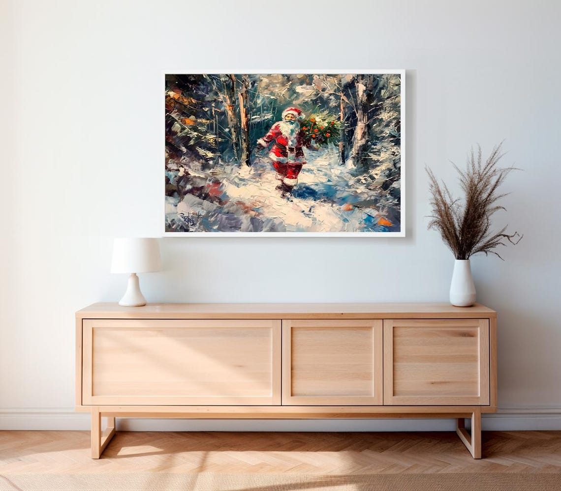 Santa Claus With Christmas Tree Walking In Snowy Forest Art Poster - Image 2