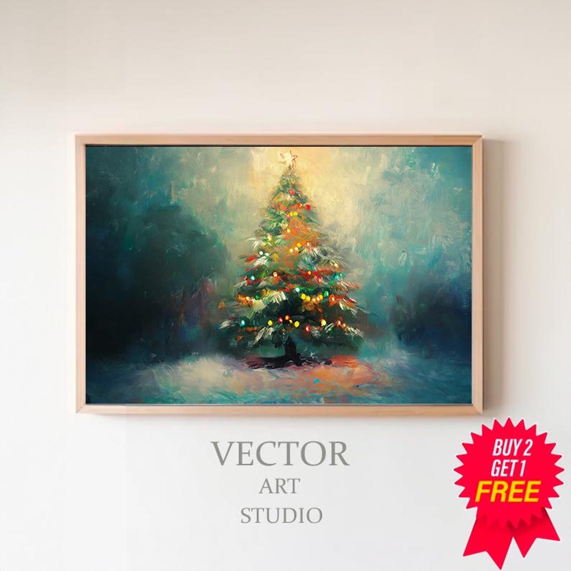 Snowy Christmas Tree with Glowing Lights in a Painterly Winter Poster