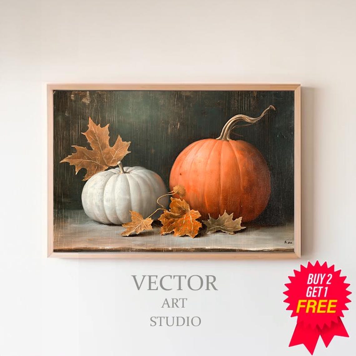 White And Orange Pumpkins With Leaves Dark Still Life Wall Art