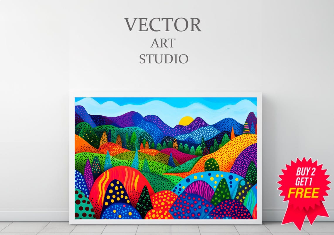 Colorful Dotted Mountains Dot Painting Style Landscape Poster - Image 3