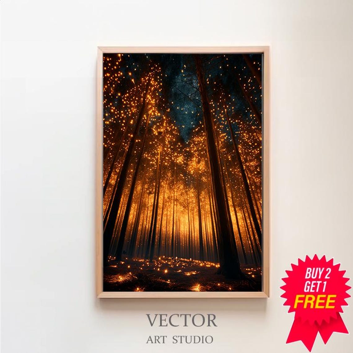 Enchanted Glowing Pine Forest with Fireflies Under Night Sky Poster