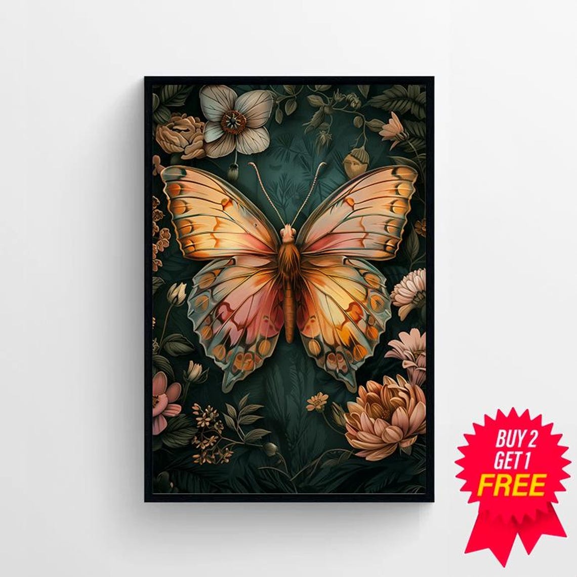 Orange Butterfly with Spread Wings Dark Botanical Floral Art Poster - Image 4