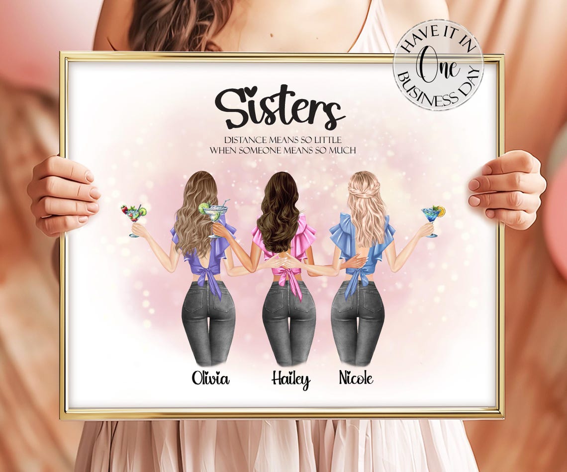 Three Sisters with Cocktails Pink Bokeh Custom Name Poster Gift