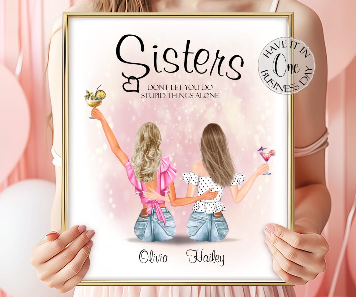Two Sisters with Cocktails Pink Bokeh Custom Illustration Poster Gift